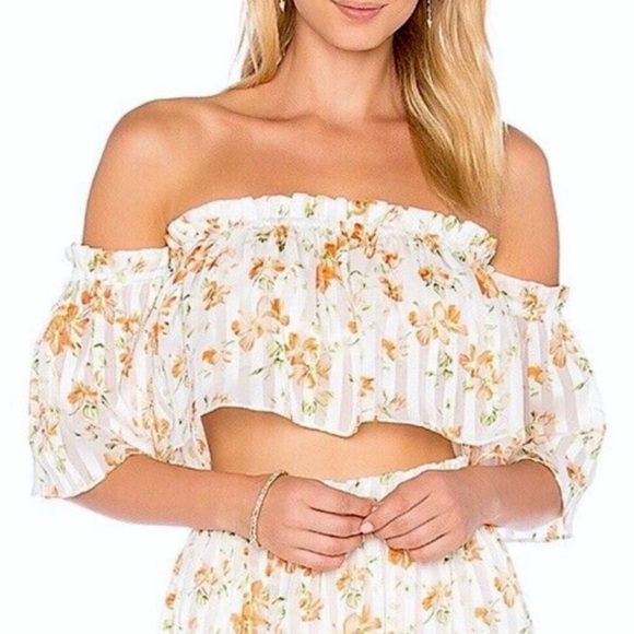 Revolve Privacy Please Orange Floral Pleated Set - Off Shoulder Top Midi Skirt - Picture 7 of 9